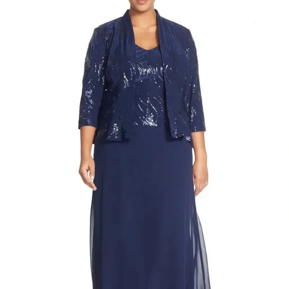 green emerald velvet dress Alex Evenings Plus Tea-Length Jacket Dress in Jacquard & Chiffon Navy / 18w